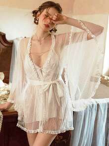 UPVV Women Sexy Lingerie Babydoll & Lace Kimono Robe With Butterfly Sleeves Sheer Chemise Sleepwear Mesh Nightgown With Belt  Plain  Sheer  Belted  Sexy  Casual-Young  Lace  Long Sleeve  Long  See Through Robe - 白色 - 查看 7