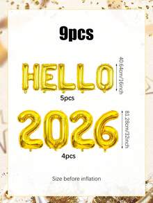 9 Stücke/Set 2026 Dekorative Luftballons, enthält goldene 2026 & Hallo Folienballons, geeignet für Weihnachten, Neujahr & Themenpartydekoration, 2026 Neujahrsfest, Silvester Deko, Geburtstag, Abschlussfeier, Fotobox Requisiten, Feiertagsdekoration