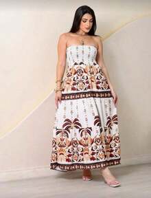 Women's Strapless Tropical Print Dress - 棕色和白色 - 查看 1