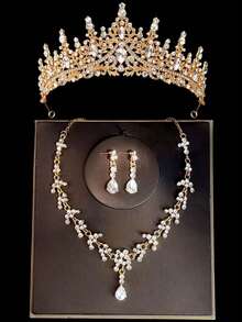 1 套金色新娘首饰 - 水钻皇冠、项链、耳环（4 件）、婚礼配饰，适合新娘礼服、婚礼、派对、舞会