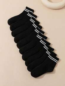 10 Paar Kinder/Kindern Schwarz & Weiß gestreifte Lässig Sport bequeme Knöchelsocken