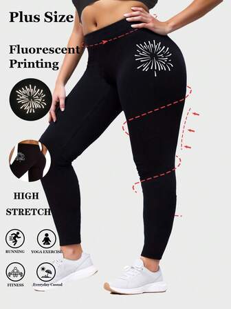 Svarta leggings i plusstorlek för kvinnor, varma och bekväma för hemmet, glänsande reflekterande fyrverkeritryck, mjuka och stretchiga, mångsidiga, avslappnade slim fit-byxor i 7/8-längd för utomhusbruk, fitness, löpning, yoga