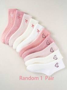 1/5 pares aleatorios de calcetines gruesos de invierno de peluche de visón para niños, serie rosa y blanca con diseño de corazón y lazo, calcetines cálidos hasta el tobillo