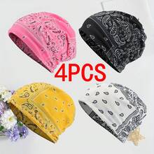4 件装鲜艳色彩佩斯利印花宽松便帽，轻盈，弹力贴合，可手洗，非常适合化疗、癌症支持和休闲穿着，化疗头饰 | 波西米亚风头饰 | 男女通用便帽 - 粉紅黑黃白 - 查看 14