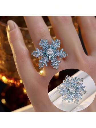 1 pieza Anillo con incrustaciones de circonita cúbica con diseño de copo de nieve, joyería de moda con estilo romántico y helado (sin caja)