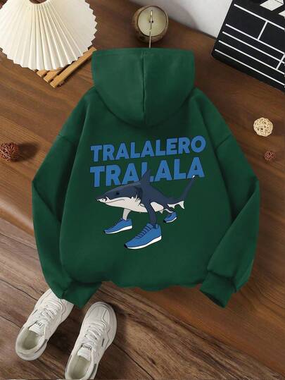 Tween Boy Casual Simple Shark Print Hoodie Boys Long Sleeve Sweatshirt Autumn And Winter Student Style