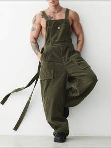 INCERUN Mens Sleeveless Strappy Bib Dungarees Rompers Casual Wide Leg Jumpsuits Fall Corduroy Long Cargo Overalls - 軍綠色 - 查看 1