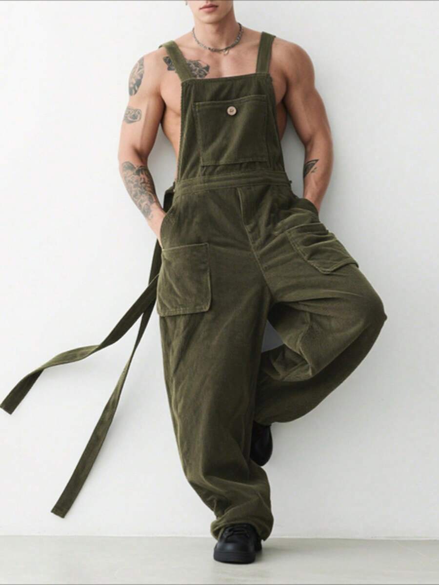 INCERUN Mens Sleeveless Strappy Bib Dungarees Rompers Casual Wide Leg Jumpsuits Fall Corduroy Long Cargo Overalls - 軍綠色 - 查看 1