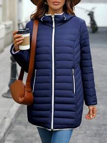 CHAMARRA OVERSIZE PARA MUJER, CHAMARRA UNISEX, CHAMARRA CAPITONADA CON CAPUCHA, CHAMARRA CON BOLSILLOS LATERALES CON CIERRE - Azul Marino - Ver 5