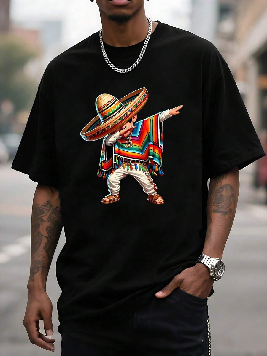 Camiseta casual de verano para hombre, diseño de poncho mexicano vibrante y colorido, estampado único de sombrero, camiseta gráfica elegante y cómoda, perfecta para fiestas o uso diario. - Negro - Ver 1