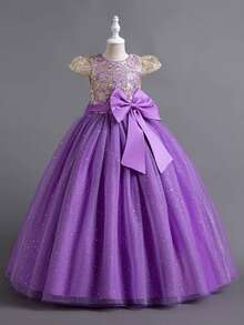 Girls Sequin Embroidered Bodice Tulle Ball Gown Dress With Glitter Skirt Short Sleeves And Big Bow Back Princess Flower Girl Dress For Wedding Birthday Pageant Formal Occasion - 紫丁香色 - 查看 3