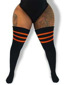 1 双加大码女式条纹过膝袜，彩色条纹过膝袜，大码女式运动腿套，角色扮演动漫袜 - 多色 - 查看 4