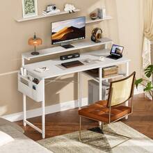 HLONONE Büro-Computertisch mit LED-Licht, Bürotisch mit Monitorständer für den Heim-/Bürogebrauch, Eckschreibtisch mit großer Aufbewahrungstasche und höhenverstellbarem Aufbewahrungsregal, Remote-Mitarbeiter