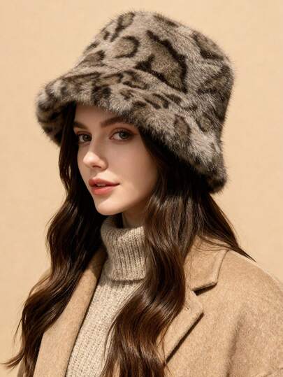 1pc Leopard Print Casual Fluffy Windproof Warm Decorative Leopard Print Bucket Hat, Fashion Versatile Hat For Autumn/Winter, Suitable For Halloween, Christmas Gifts