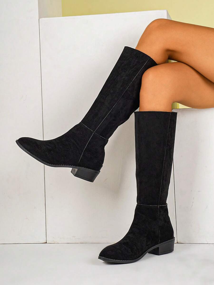 Women's Autumn/Winter New Faux Suede Thigh High Boots, Retro Minimalist Back Zipper Design Knee High Boots, Korean Version Versatile Pointed Toe Chunky Heel Riding Boots, Wide Shaft Casual Comfortable Western Cowboy Long Boots - Black - View 1
