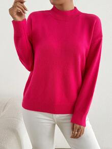 Plus Mock Neck Drop Shoulder Sweater - Hot Pink - View 3