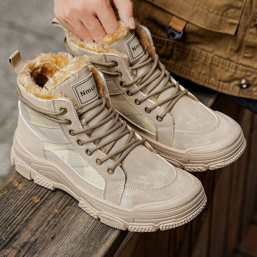 Men's Winter High-Top Boots - Warm Thermal Lined, Paired With Thick Rubber Sole, Lace-Up Casual Style, White And Beige, Perfect Choice For Comfortable Wear In Cold Weather, Winter Boots