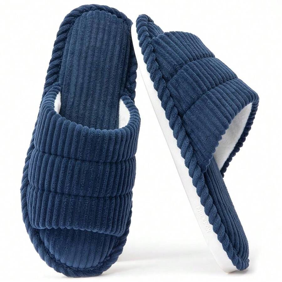 House Slippers For Women Corduroy Cross Band Slippers Open Toe Bedroom Indoor Shoes With Memory Foam - Navy - View 1