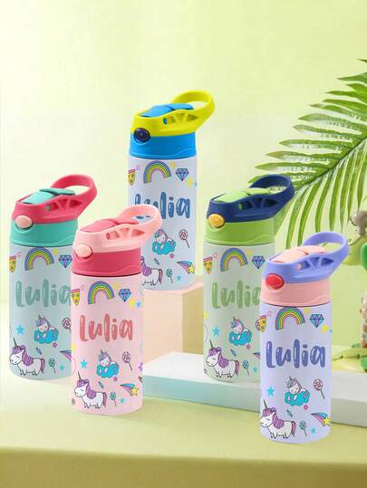 1 pieza Botella de agua personalizada de acero inoxidable con pajita de silicona, botella de agua personalizada, 12oz - 350mL, vaso aislado con nombre personalizado, botella de agua de acero inoxidable personalizada, tapa aislada a prueba de fugas con nombres personalizados, disponible en 5 colores, vaso de acero inoxidable, botella de acero inoxidable, tapa a prueba de derrames, primer día de clases, regalo de regreso a clases, botella de agua para fiesta, viaje, escuela, moderna, colorida, linda