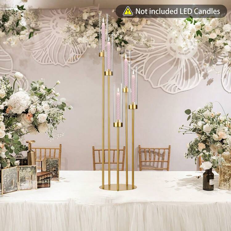 5-Arm Candle Holder For Wedding Table, 100cm Tall Candle With Acrylic Lampshade For Birthday Party Home Decoration Halloween Christmas Fit LED Taper Candles - Gold - View 1