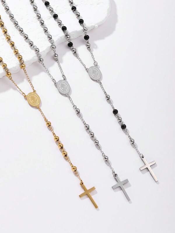 1pc 6mm Virgin Mary Cross Rosary Y-Necklace, Popular European & American Style Cross Pendant Necklace, Suitable For Couples Everyday Wear