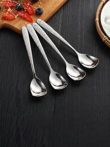1pc Stainless Steel Flat Head Spoon, Hammered Texture Dessert Spoon, Western Dining Spoon, Meal Spoon, Ice Cream Spoon - Silver - View 7