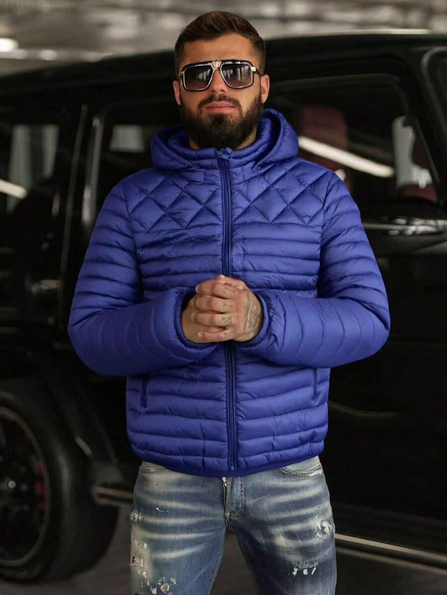 男士連帽輕薄棉服外套 休閒百搭保暖夾克 - 寶藍色 - 查看 1