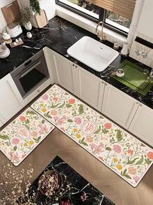1pc Soft Rubber Kitchen Mat, 3.5mm Thick Kitchen Rug, Retro Floral Style Absorbent Kitchen Mat Large Carpet, Can Be Self-Cut To Fit Kitchen Size, Surface Fabric Material, Middle Sponge Layer, Bottom Rubber Layer, Suitable For Kitchen Rugs, Kitchen Decor, Wedding Decor, Home Decor, Bathroom Mat, Entryway Mat, Laundry Room Mat, Hallway Carpet, Living Room Mat, Etc. - Multicolor - View 3