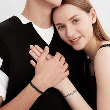 Adjustable Matching Couple Cuban Chain Bracelets For Gifts - 黑色+銀色 - 查看 2