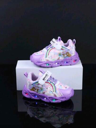 A Pair Of New Cartoon Rainbow Light Up Shoes For Girls, Student Outfit, Comfortable Casual Flashing Shoes For All Seasons, Toddler & Little Kid Sneakers, Cute Shiny Shoes