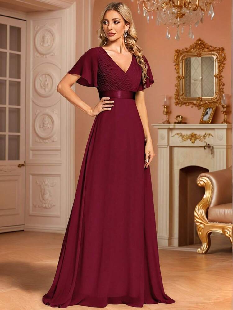 EVERPRETTY Elegant V-Neck Ruffle Butterfly Sleeve Burgundy Bridesmaid Dress, Wedding Guest Dress For Spring Semi-Formal Occasions, Mother Of The Bride Dress For Wedding, Birthday Party, Graduation, Valentine's Day