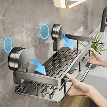 No-Drill Wall-Mounted Aluminum Bathroom Shelf | Heavy-Duty Detachable Design, Stylish Gray Suction Cup Storage Rack | Wall-Mounted Organizer With Drainage Tray & Hooks For Towels | Suitable For Glass And Smooth Surfaces, Shower Storage Solution - Multicolor - View 2