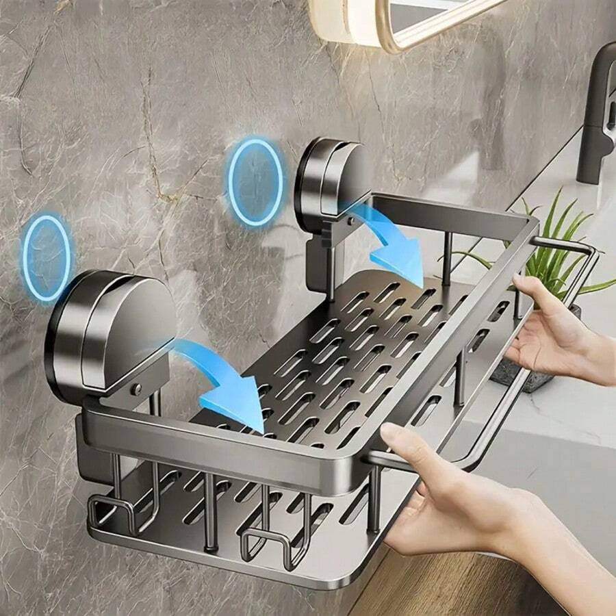 No-Drill Wall-Mounted Aluminum Bathroom Shelf | Heavy-Duty Detachable Design, Stylish Gray Suction Cup Storage Rack | Wall-Mounted Organizer With Drainage Tray & Hooks For Towels | Suitable For Glass And Smooth Surfaces, Shower Storage Solution