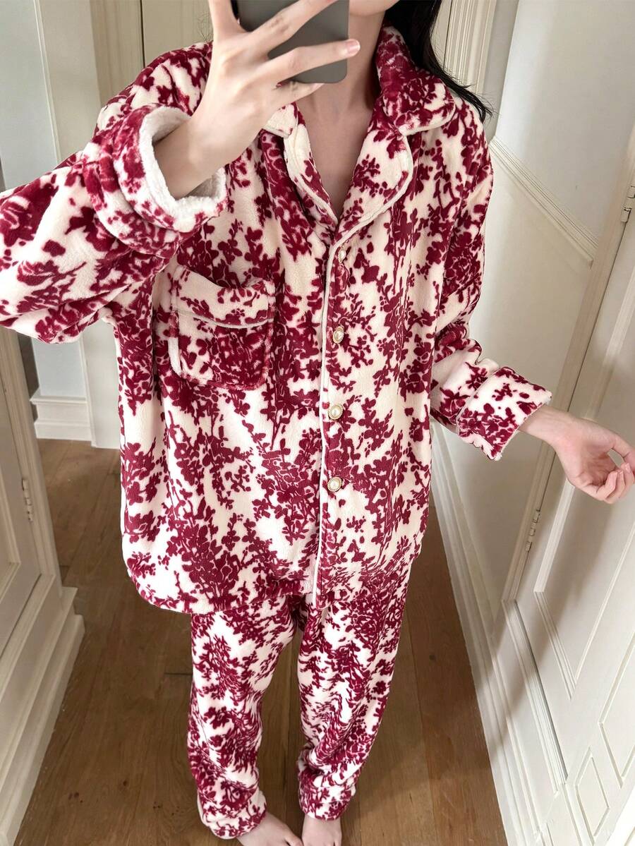 2pcs Flannel Contrast Color Fluffy Pajama Set, Button-Front Shirt And Long Pants, Thermal Lined Lapel, Long Sleeve Loungewear, Fall/Winter Clothes, Christmas, Cozy
