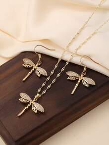 18 Karat vergoldetes Libellen Damen Anhänger Halskette Ohrringe Schmuckset, mit funkelnden kubischen Zirkoniasteinen verziert, Titanstahl Kette, eleganter bohemian Stil Libellen Schmuck für den täglichen Gebrauch und als Geschenk