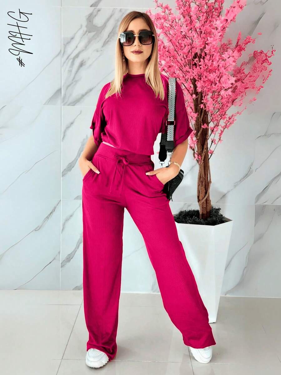 Camiseta de cuello redondo y mangas estilo murciélago y pantalones con cordón en la cintura, ideal para otoño - verano- invierno, comodo, tiro alto, bonito, comodo, casual, informal, oficina, calle, regalo,