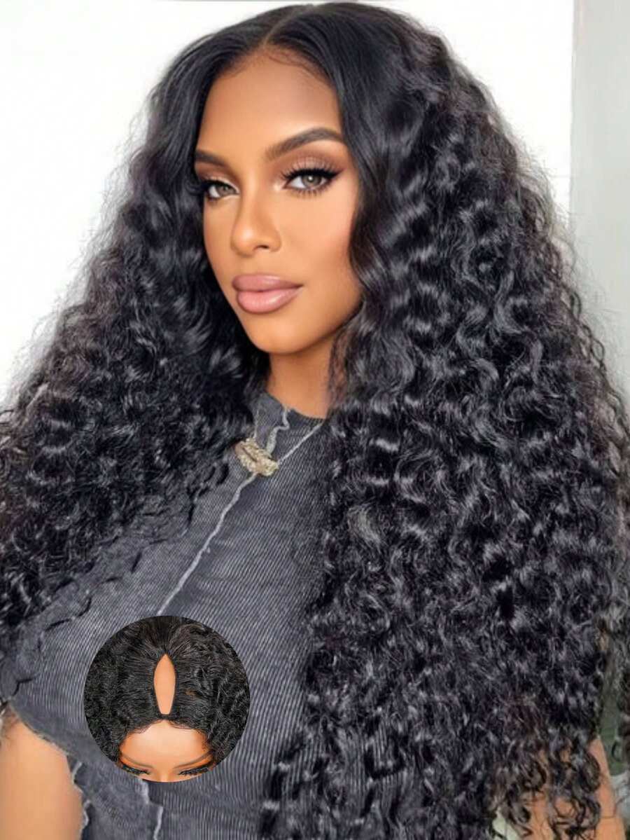 Put On And Go Deep Wave V Part Wig Human Hair Clip In Real Human Hair No Glue No Sew In None Lace Front 180 Density Upgrade U Part Deep Curly Glueless Wigs For Women Beginners Friendly - Natural Black - 查看 1