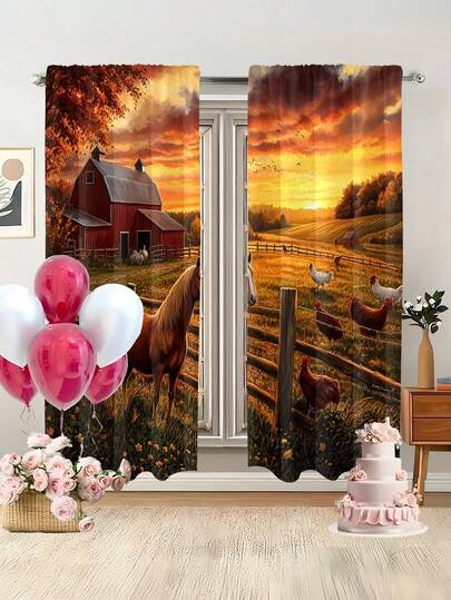 2 piezas Cortinas semitransparentes con patrón de granja al atardecer, diseño moderno para todas las estaciones, 100% poliéster, filtra la luz, con ojales, fácil de colgar, adecuado para cocina, lavandería, dormitorio, estudio, sala de estar