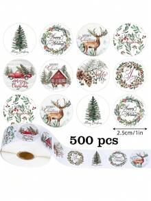 500 piezas/Rollo Pegatinas con dibujos florales navideños, 1 pulgada de diámetro, 8 diseños que incluyen árbol de Navidad, corona, reno, camión, piña, adecuado para Navidad, Año Nuevo, suministros de oficina, sellar tarjetas, regalos, sobres, decoración DIY, pegatina de PVC