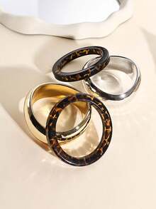 2pcs Bracelet Set, Geometric Gold & Silver Tone, Leopard Print Resin Bangle Combination, Vintage Elegant Jewelry Set For Women, Girls, Bestie, Student, Party, Travel, Fashionable Accessories Gift - Multicolor - View 2