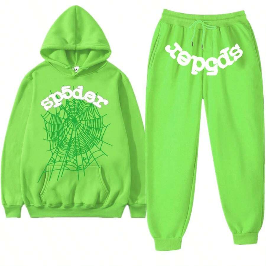 Spider Web Fashion Hip-Hop Printed Flower Hoodie, European And American  Brand Large-Sized Loose Men's And Women's Hooded Sweatshirt Set - 綠色套裝 - 查看 1