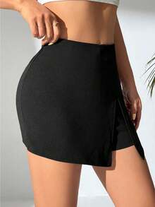 Elástica Cintura Mini Falda Pantalón Con Raja Frontal - Negro - Ver 3