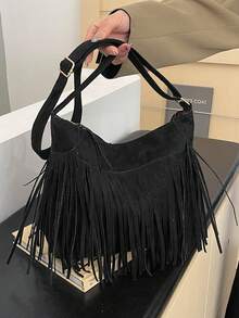 1 pieza Bolso de mano con diseño mate de moda, bolso cruzado versátil bohemio vintage con flecos, bolso de hombro estilo Y2K, regalo para vacaciones, ideal para compras al aire libre y estilo callejero - Negro - Ver 6