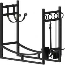 AMOS Large Wide Firewood Stand Log Rack Holder With 4 Piece Fireplace Tools Set Black With Removable Kindling Holder.For Indoor And Outdoor Use - Default - View 9