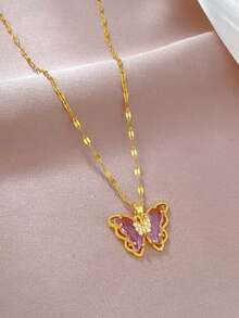 A Elegant Purple Butterfly Necklace With Golden-Tone Pendant - Vintage-Inspired Jewelry Gift For Women, Birthday, Anniversary, Valentine's Day & Mother's Day, Special Occasion Accessory, Sophisticated Accessory