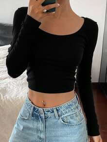 Livesso Solid Scoop Neck Crop Tee,Fall Clothes Preppy Tops Long Sleeve Women Tops - Black - View 1
