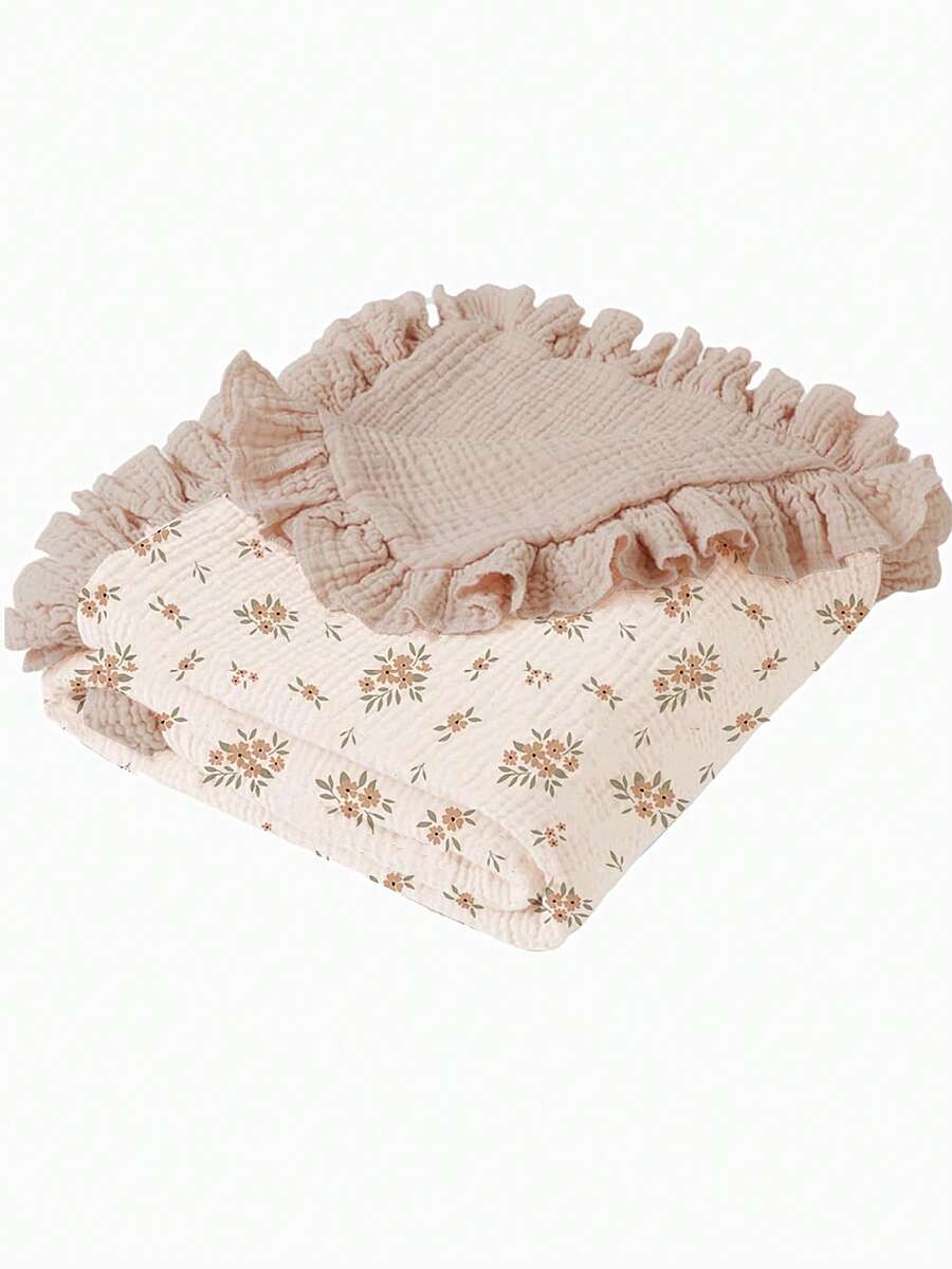 1 件柔软棉质花卉婴儿毯，甜美荷叶边婴儿棉毯