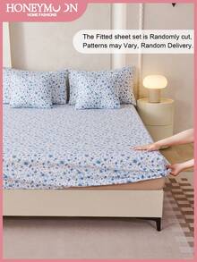1pc Printing Fitted Sheet Only, Easily Fits 9 Inch To 12 Inch Mattress, Soft, Wrinkle Free, Breathable And Comfy, For All Size Bed, Machine Washable. Chic Blue Flowers Decorative Bed Sprea Fitted Sheet For Bedroom Dorm Essentials, Oeko-Tex Certified