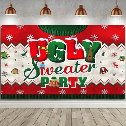 1 pièce Bannière de fond thème de pull de Noël moche, scène de pull de Noël moche, parfait pour la fête de Noël, la fête du Nouvel An, la baby shower, les rassemblements familiaux, la décoration murale, les accessoires de photomaton, les accessoires de studio photo et la décoration de fête intérieure/extérieure.