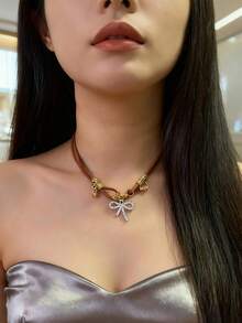 New Retro American Style Bow Layered Necklace, Malachite Collarbone Chain, Popular Sweet & Hot Girl Sweater Chain Accessory